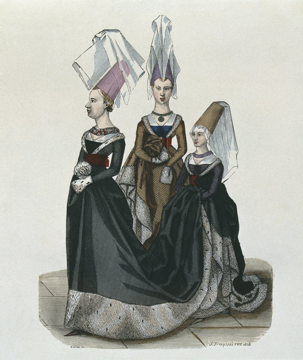 Prinsesse og ventedamer i 1470, graveret af Gautier af French School