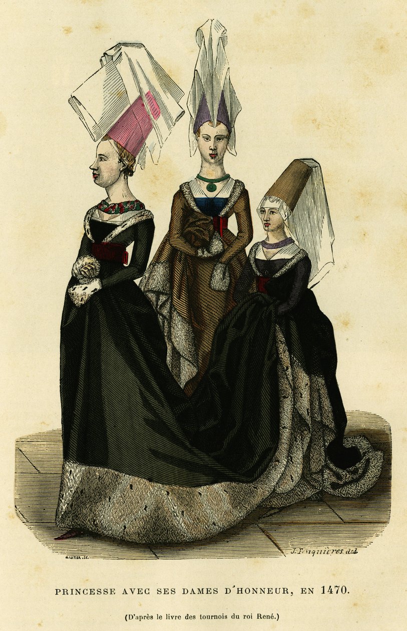 Prinsesse med sine æresdamer, omkring 1470. Farvestik efter bogen om Kong Renés turneringer, i "France et les francais a travers les siecles" af Augustin Challamel, F.Roy editor, Paris 1882. Selva-samlingen. af French School
