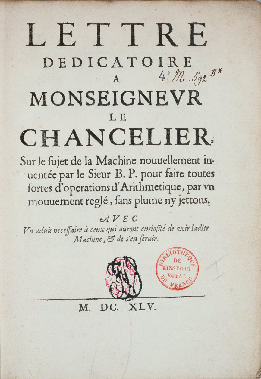 Trykt dedikationsbrev om opfindelsen af regnemaskinen af Blaise Pascal (1623-62) 1645 af French School