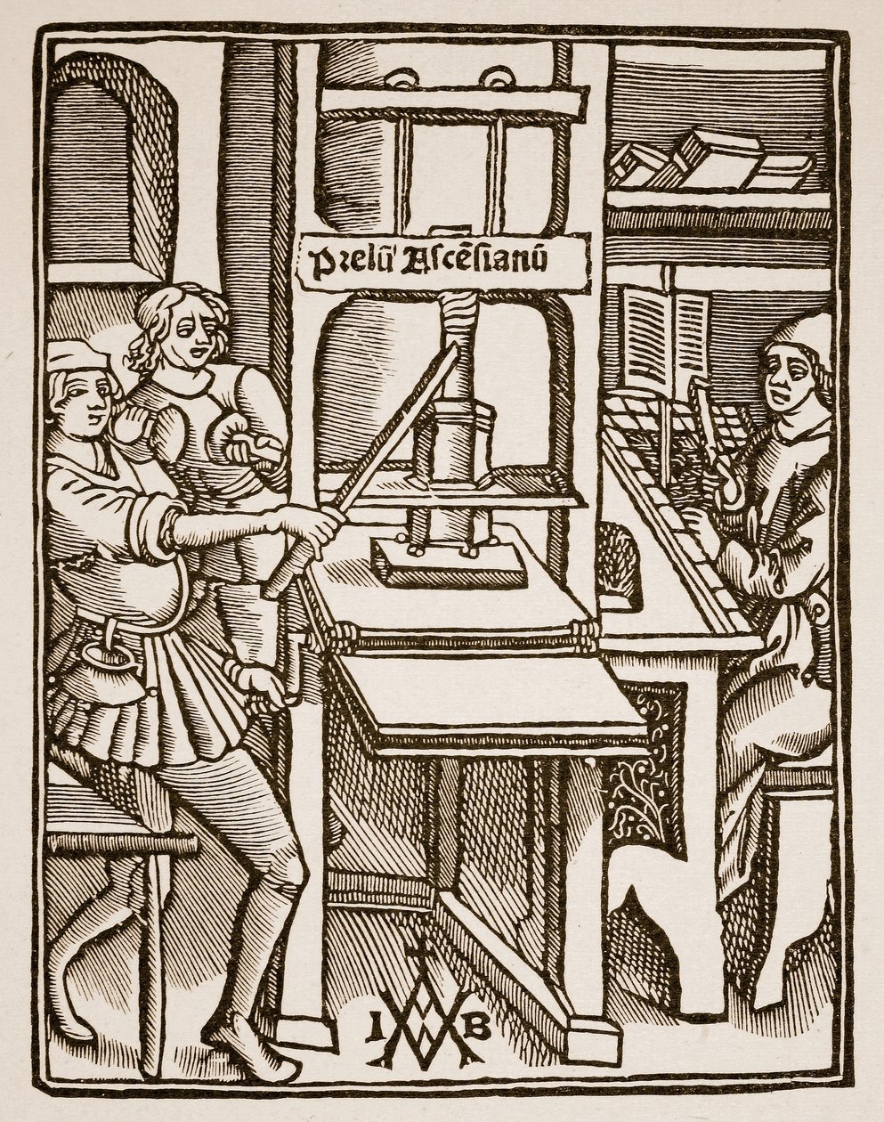 Trykpresse, titelblad af Hegesippus, trykt af Jodocus Badius Ascensius, Paris, 1511 (sepia foto) af French School