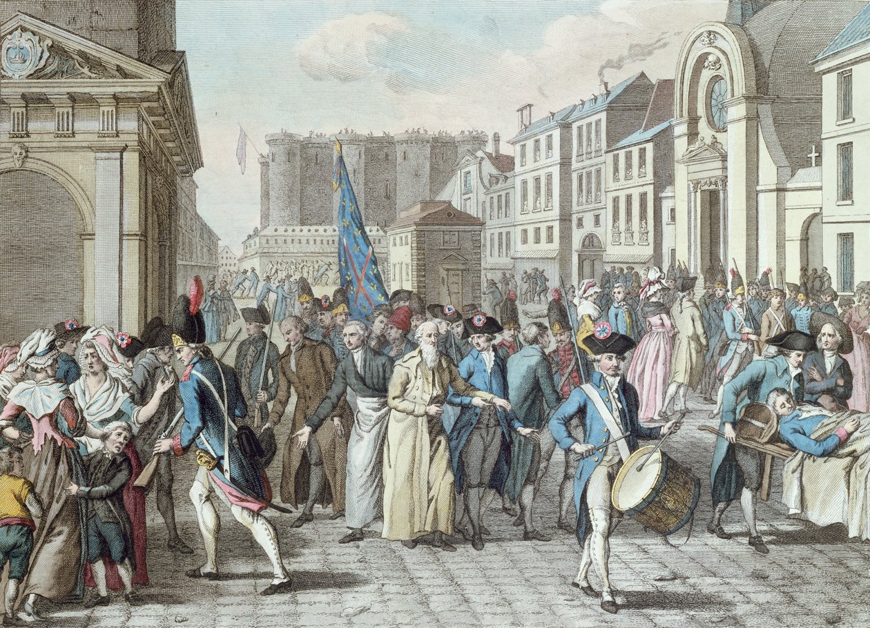 Fanger i rue Saint-Antoine efter løsladelse fra Bastillen den 14. juli 1789 af French School