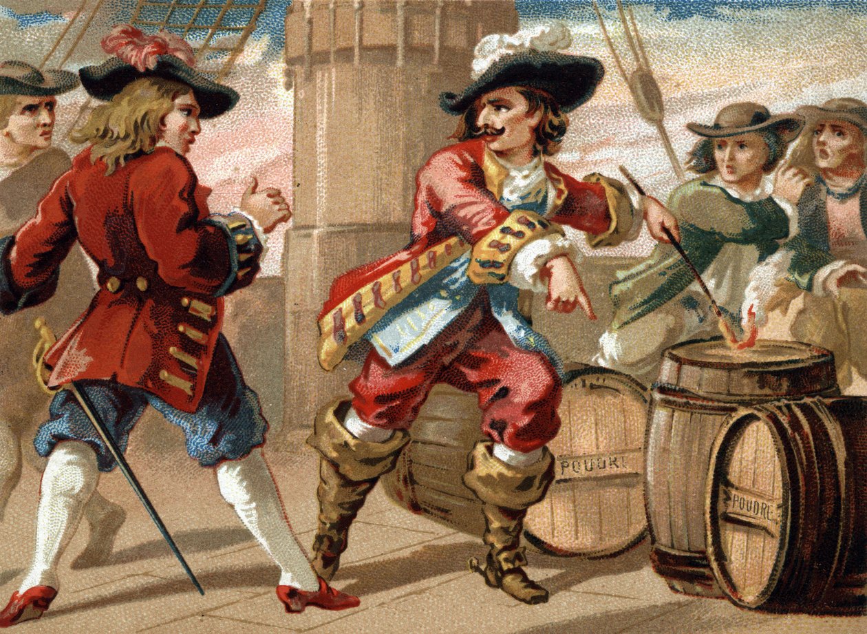 Kaper Jean Bart (1650-1702) truede en engelsk kaper, der tog ham til fange, ved at true ham til at sprænge sit skib i luften ved at sætte ild til en tønde krudt. Kromolitografi i slutningen af det 19. århundrede af French School