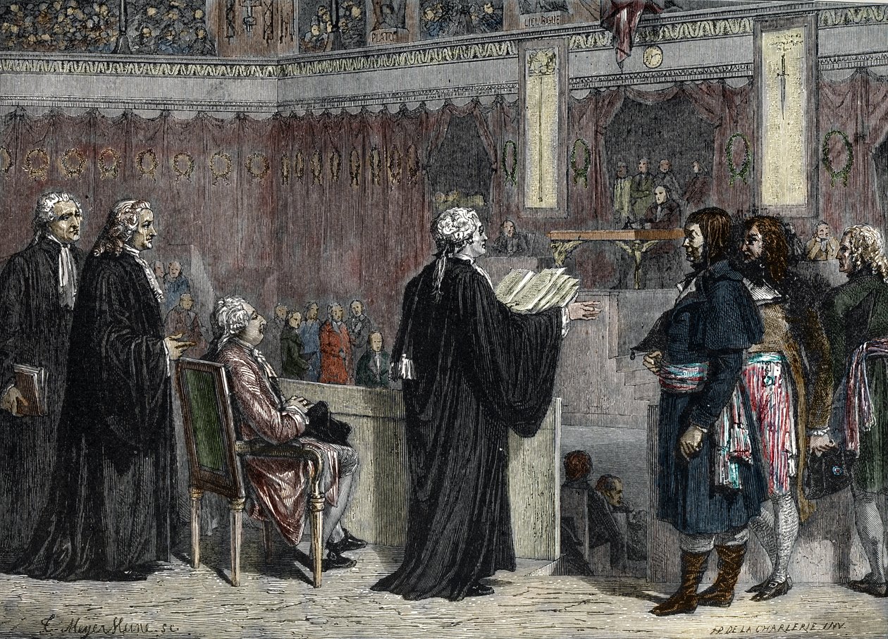 Proces de Louis XVI: optræden af Ludvig XVI før deputerede for Nationalkonventet (farvegravering) af French School