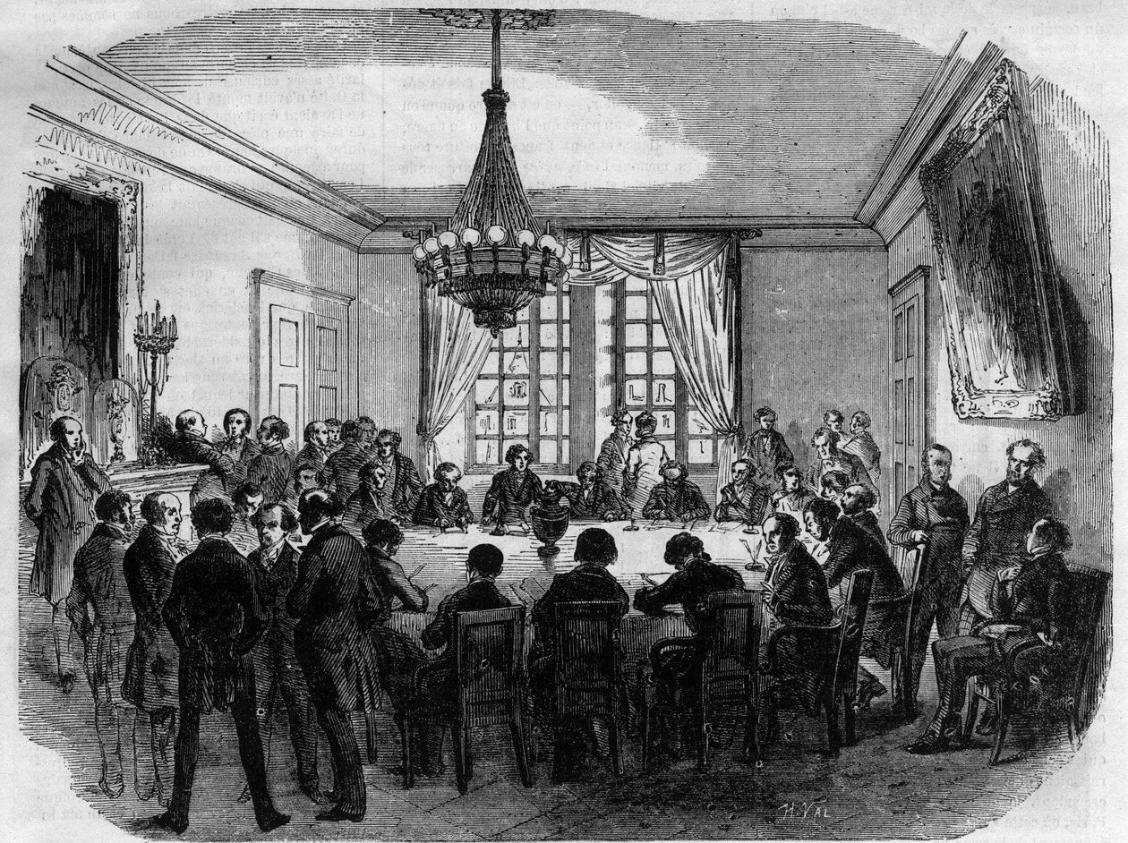 Proces af prins Pierre (Pierre-Napoleon) Bonaparte (1815-1881) - juryen for High Court of Justice, der forbereder sin dom i forhandlingskammeret - Indgravering af 1870 af French School