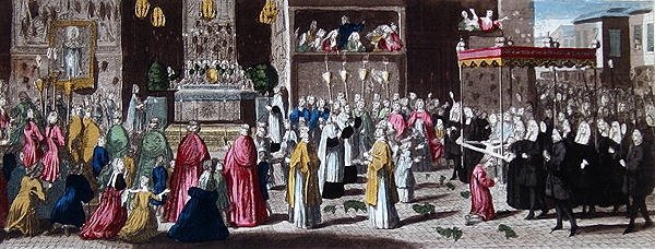 Procession under Fete-Dieu i Paris (farvet gravering) af French School