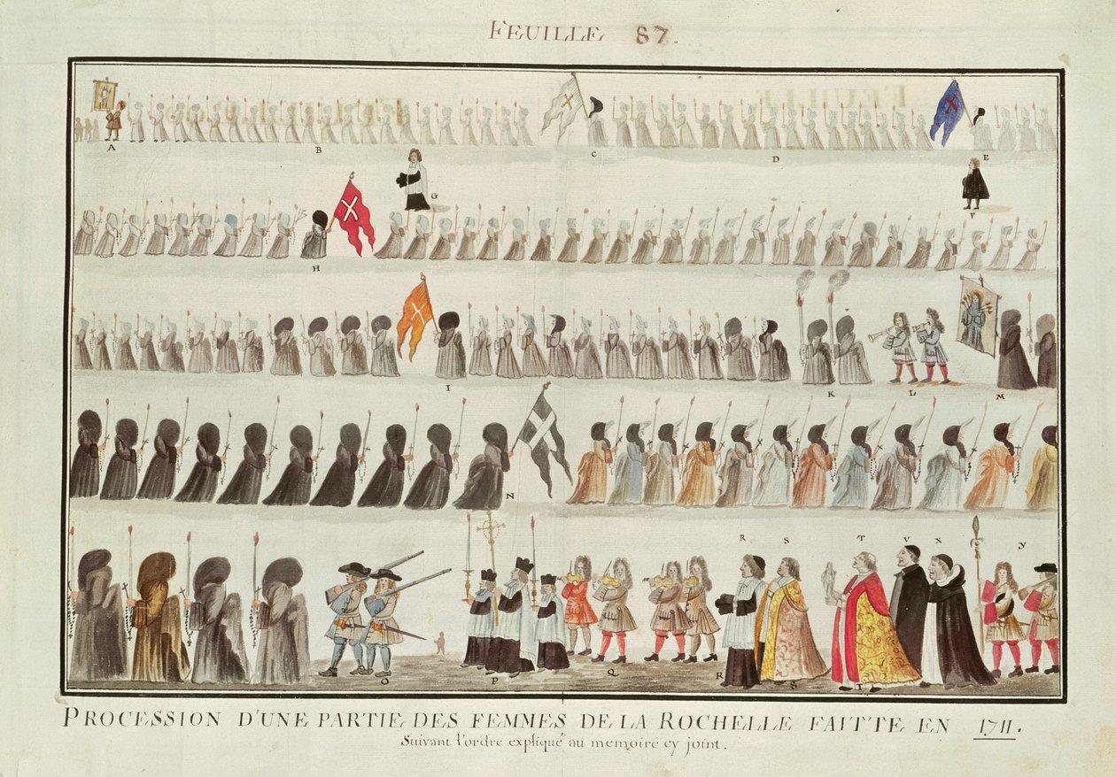 Procession af en gruppe kvinder fra La Rochelle, 1711 af French School