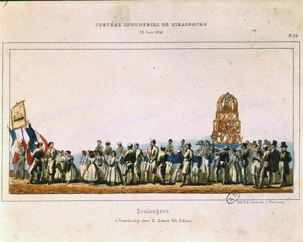 Bagernes procession i Strasbourg, 25. juni 1840 (farve litho) af French School
