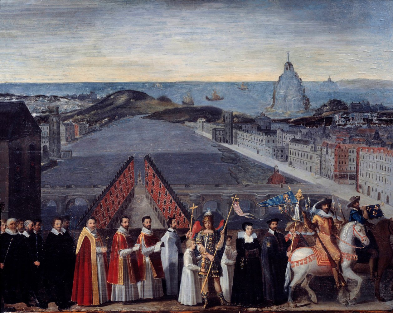 Procession af den parisiske marmelade af pelerinerne fra Saint Michel du Mont sur le Pont Neuf Anonym maleri. 17. århundrede. Dim 0,80 x 1,05 m Paris, Musee Carnavalet af French School