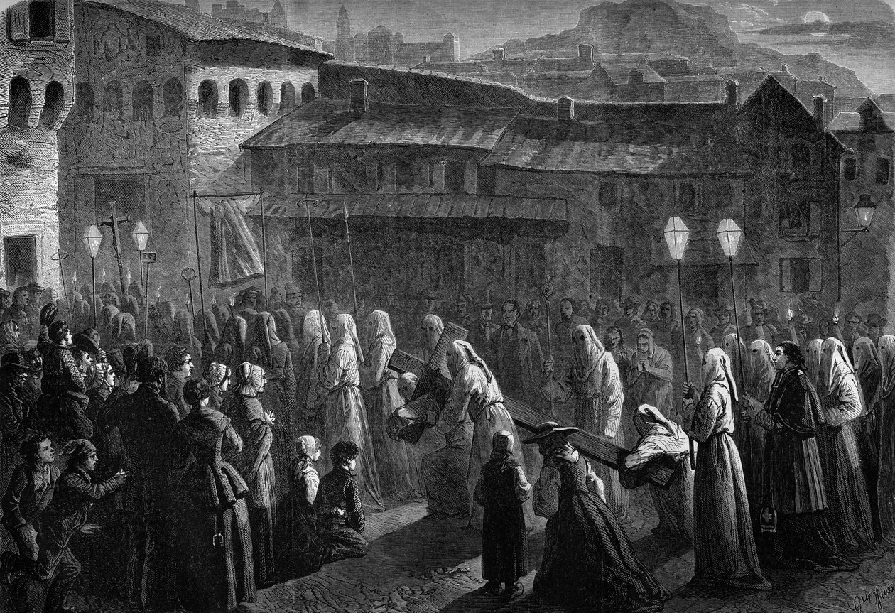Procession af Penitents of Confalais, religiøs syltetøj i det sydlige Frankrig ved Puy en Velay, Upper Loire (43) af French School