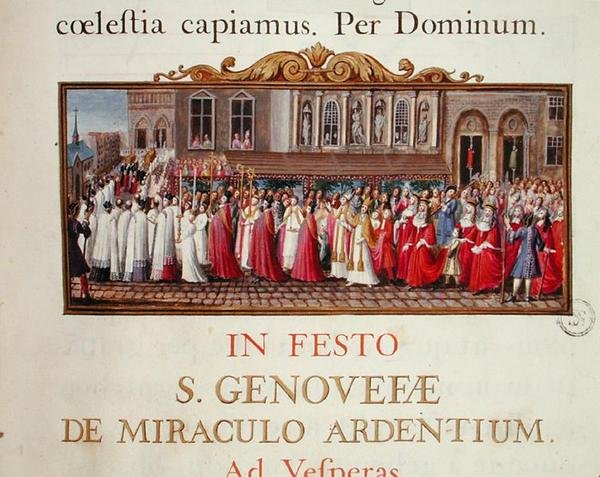 Procession af relikvieskrinet fra St. Genevieve, fra et manuskript til en messe dedikeret til St. Genevieve af French School
