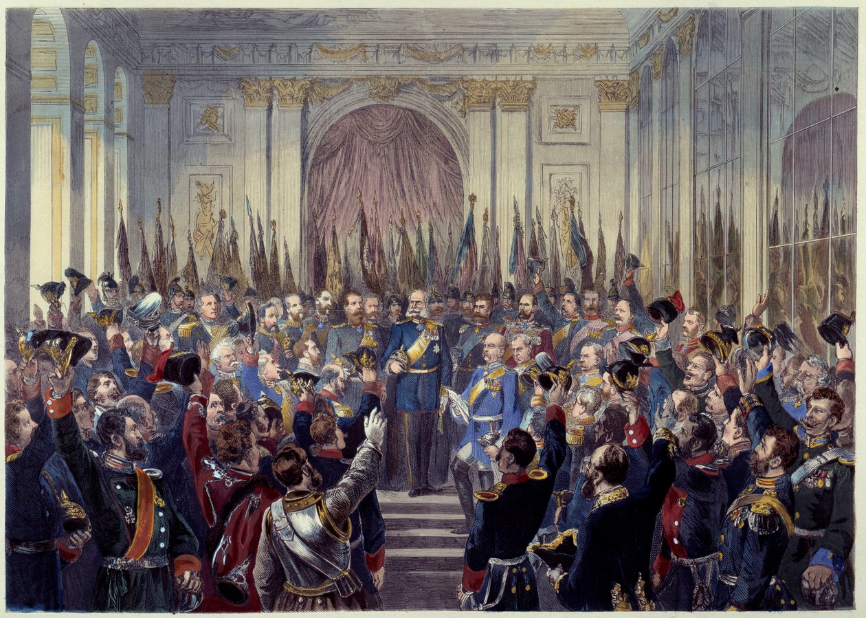 Proklamation af det tyske kejserrige 18.1.1871 i Isgalleriet i Versailles efter det franske nederlag i 1870-krigen mod Preussen. Vilhelm I (1797-1888) bliver udråbt til kejser. Paris i det 19. århundrede, Musee Carnavalet af French School