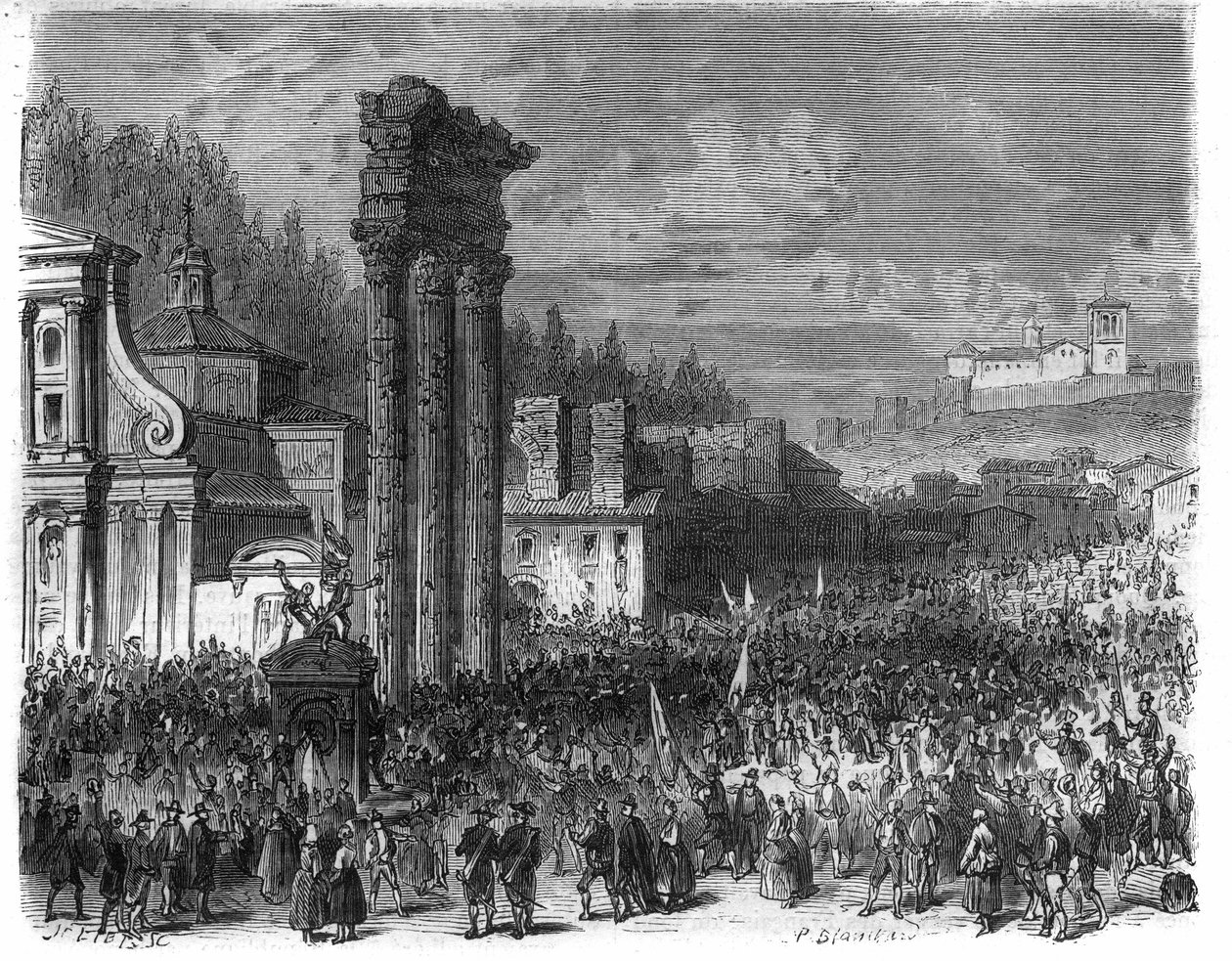 Proklamation af den romerske republik i 1798. (Proclamation della repubblica romana nel 1878) Indgravering i "Histoire des Papes-King-Queen-and-Empereurs a travers les centuries" af Maurice Lachatre af French School