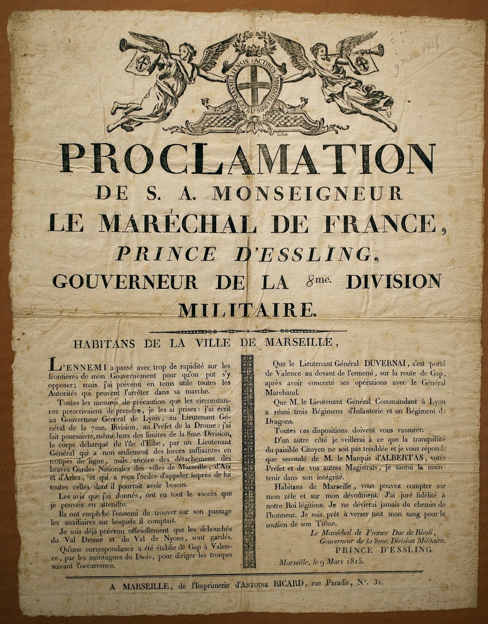 Proklamation til indbyggerne i byen Marseille, dateret 9. marts af French School