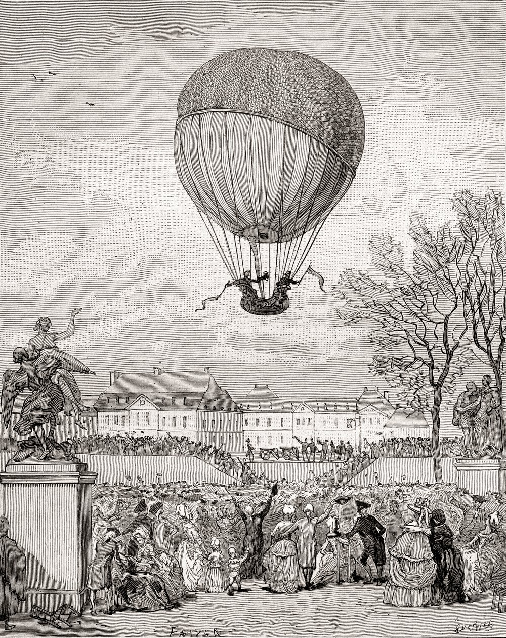 Professor Jacques Charles og Nicolas-Louis Robert flyver med verdens første bemandede brintballon den 1. december 1783 i Tuilleries Gardens, Paris, fra 