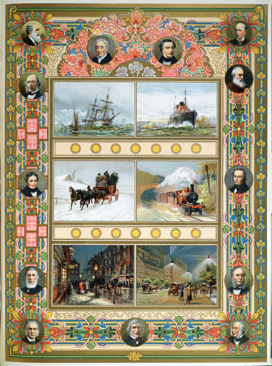 Fremskridt under dronning Victorias regeringstid (1819-1901). Sejlskibe, dampskibe, damptog og gas og elektrisk gadebelysning, 1887 af French School