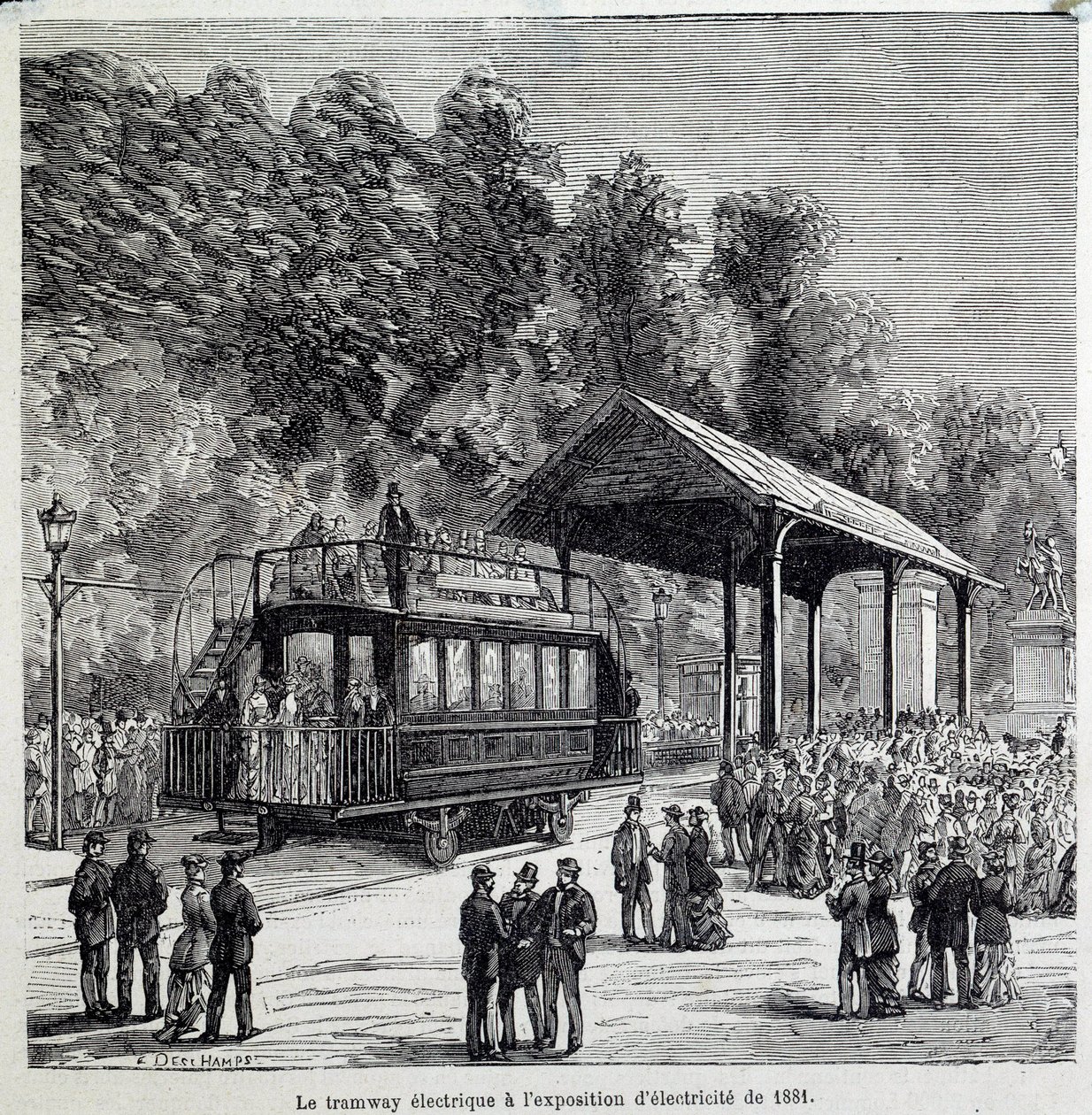 Fremskridt inden for transport: den elektriske sporvej udstillede elektricitet i 1881. Indgravering af det 19. århundrede af French School