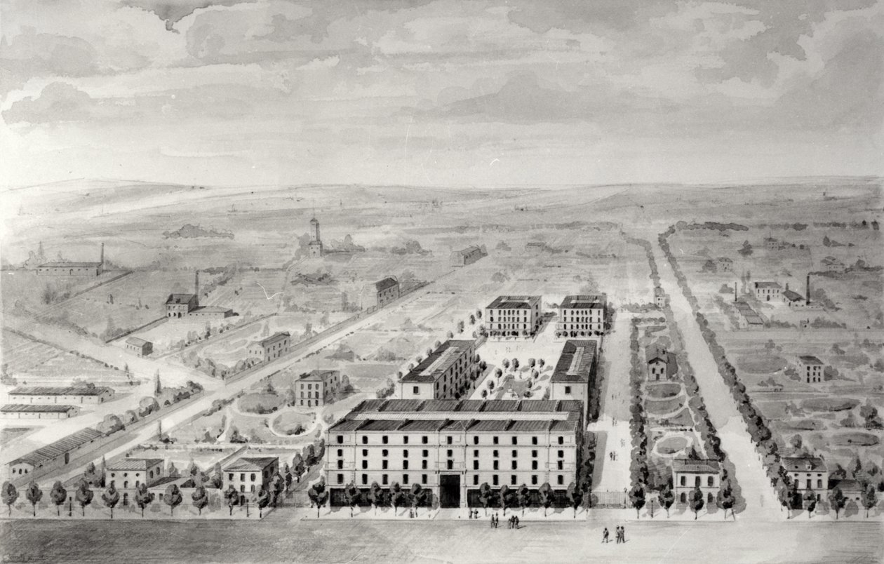 Projekt for Napoleons boligbyggeri, 58 rue Rochechouart, Paris, 1849 (wc på papir) af French School
