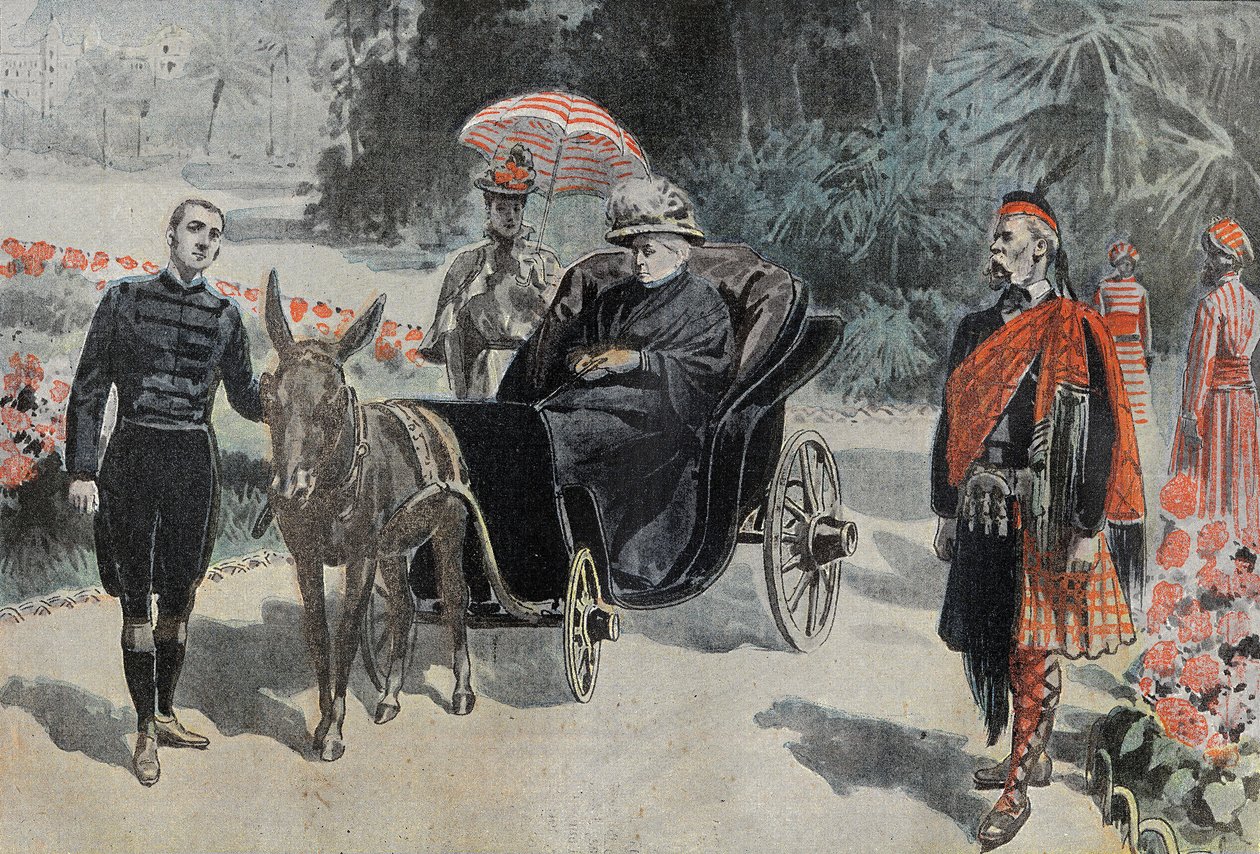 Promenade de Victoria I (1837-1901) Dronning af England, i parken ved Hotel Cimiez nær Nice. Indgravering i "" Le Pelerin"" 26/03/1899. af French School