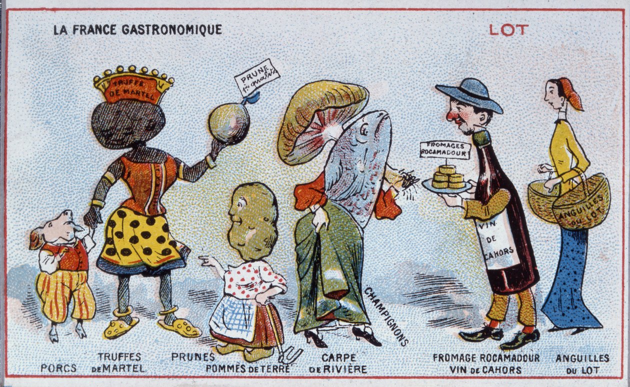Salgsfremmende og uddannelseskort, der viser madspecialiteter fra Lot-regionen, ca. 1910 af French School