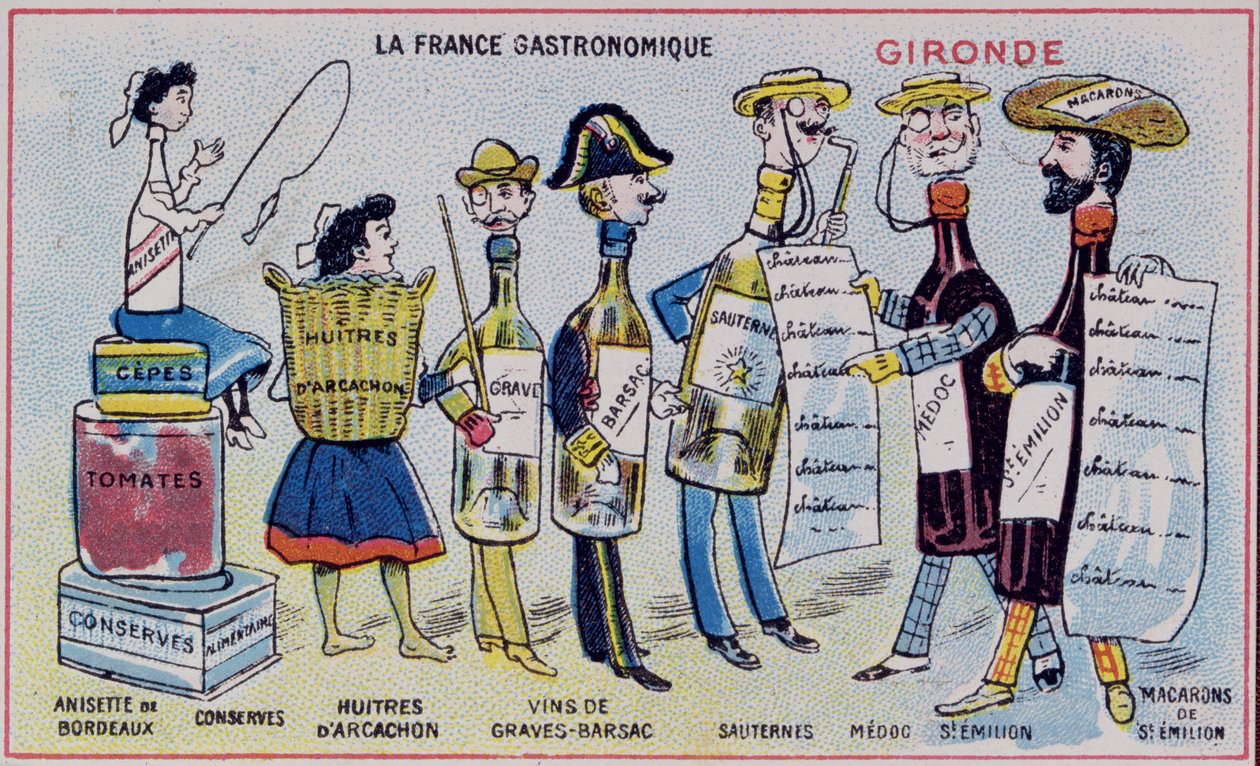 Salgsfremmende og uddannelseskort til børn, der viser madspecialiteter fra Gironde-regionen. ca. 1910 af French School
