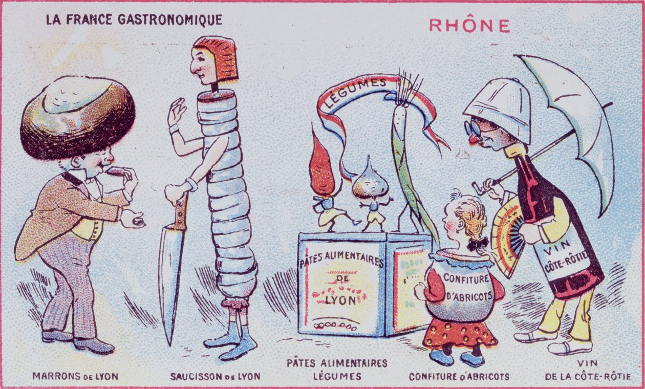 Salgsfremmende og uddannelseskort til børn af madspecialiteter i Rhone-regionen, ca. 1900 af French School