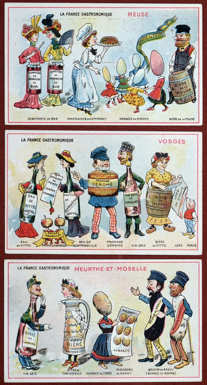 Salgsfremmende og pædagogiske kort til børn, der viser madspecialiteter fra Lorraine-regionen, ca. 1910 af French School