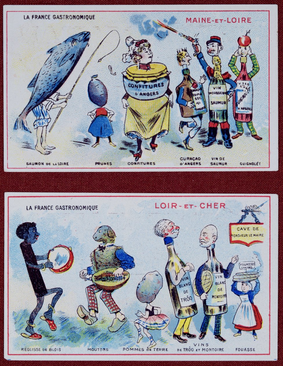 Salgsfremmende og pædagogiske kort til børn, der viser madspecialiteter fra Maine-et-Loire- og Loir-et-Cher-regionerne, ca. 1910 af French School