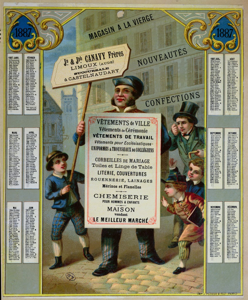 Kampagnekalender for 1887-reklamer for Canavy Freres-skræddere og sybeholdere, ca. 1886 af French School