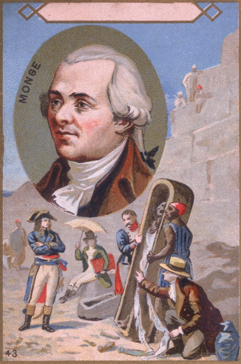 Salgsfremmende kort, der forestiller Gaspard Monge (1746-1818), der præsenterer en mumie for Napoleon Bonaparte (1769-1821) under det egyptiske felttog, slutningen af det 19. århundrede af French School