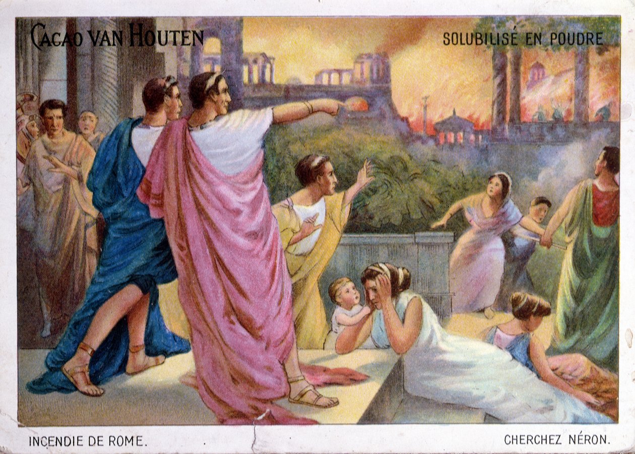 Salgsfremmende kort for Cacao van Houten, der drikker chokolade, der illustrerer afbrændingen af Rom i 64 e.Kr., ca. 1910 af French School