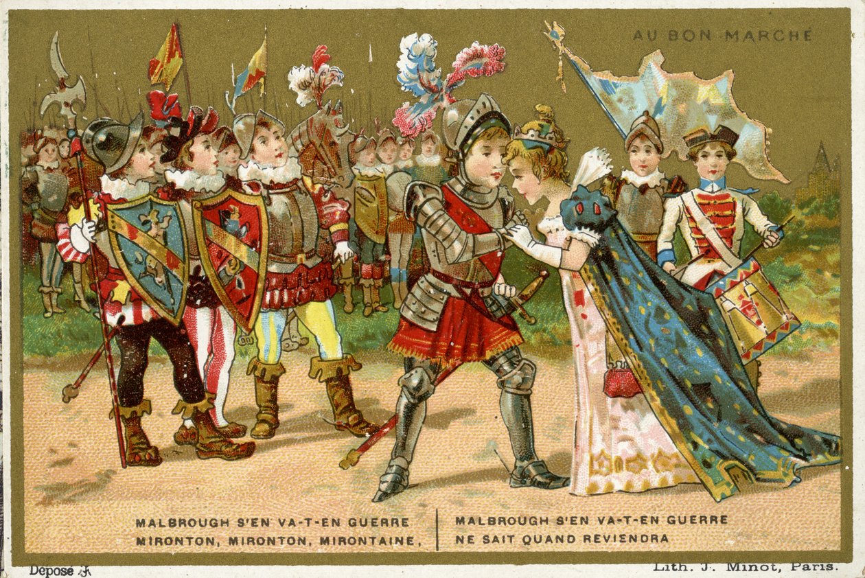 Salgsfremmende kort til det parisiske stormagasin Au Bon Marché, der viser en af de mest populære folke- og børnesange på det franske sprog, Marlbrough sen va-t-en guerre (Marlborough har forladt af French School