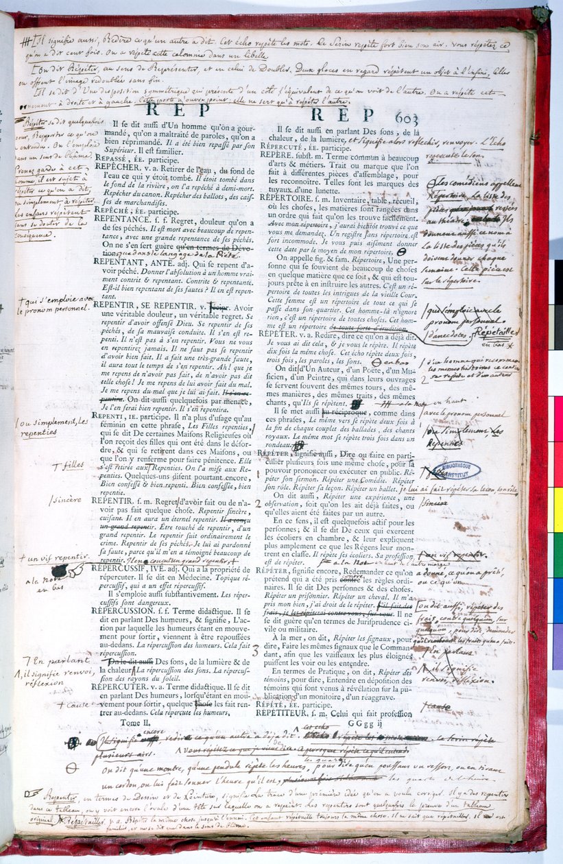 Korrekturside med rettelser af en udgave af det franske akademis ordbog (blæk på papir) (se også 179945) af French School