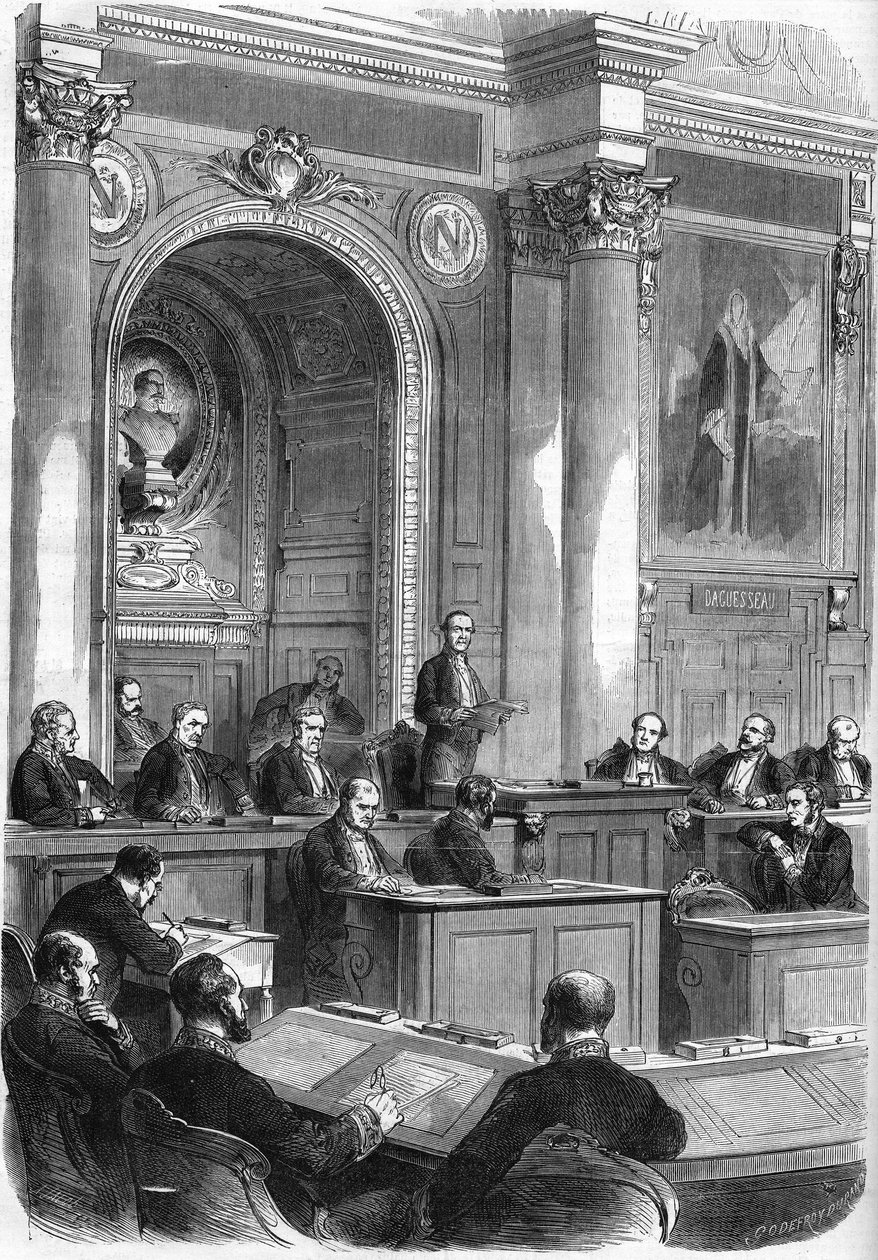 Prosper de Chasseloup-Laubat (Chasseloup Laubat) (1805-1873) tiltræder som præsident for statsrådet i den store sal i slottet Quai d