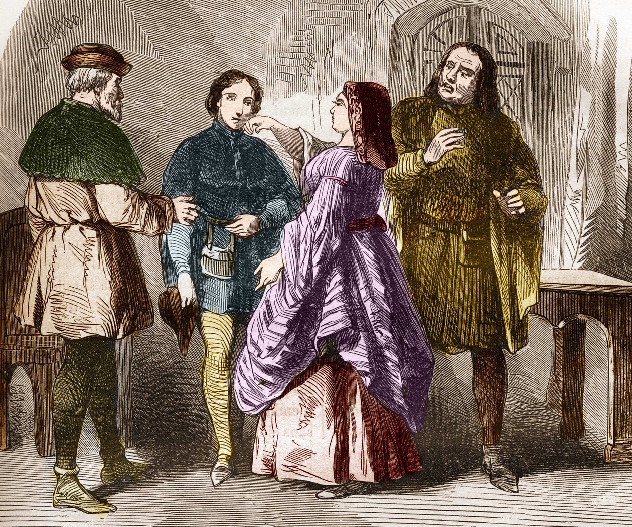Prostitutionsscene i Paris i slutningen af middelalderen. Indstik i "Prostitutionens og udskejelsens historie blandt alle verdens folkeslag fra oldtiden til i dag" af Dr. Th. -F. Debray. 1879. af French School