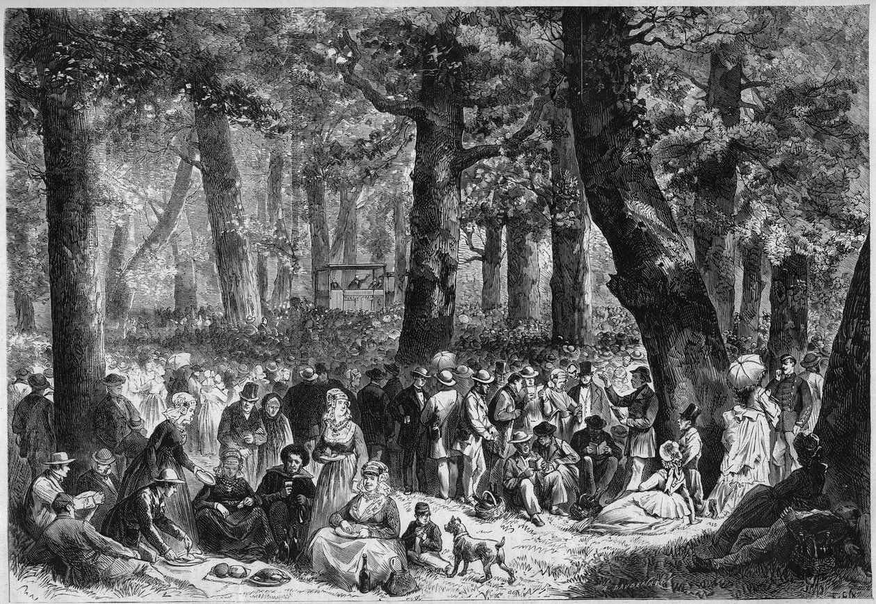 Protestantisk skik: "zendingsfeest" eller Missionsfestival afholdt i Holland. Peleriner spiser under forudsigerens tale. Indgravering i "" Le Monde Illustré"" nr. 853 af 16. august 1873. af French School