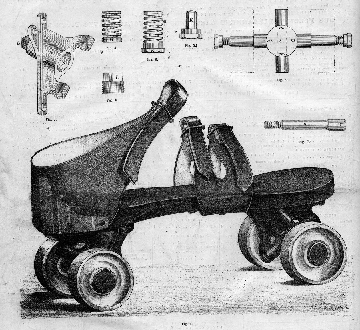 Prototype af rulleskøjter. Indgravering i "The Illustrous Universe" af French School