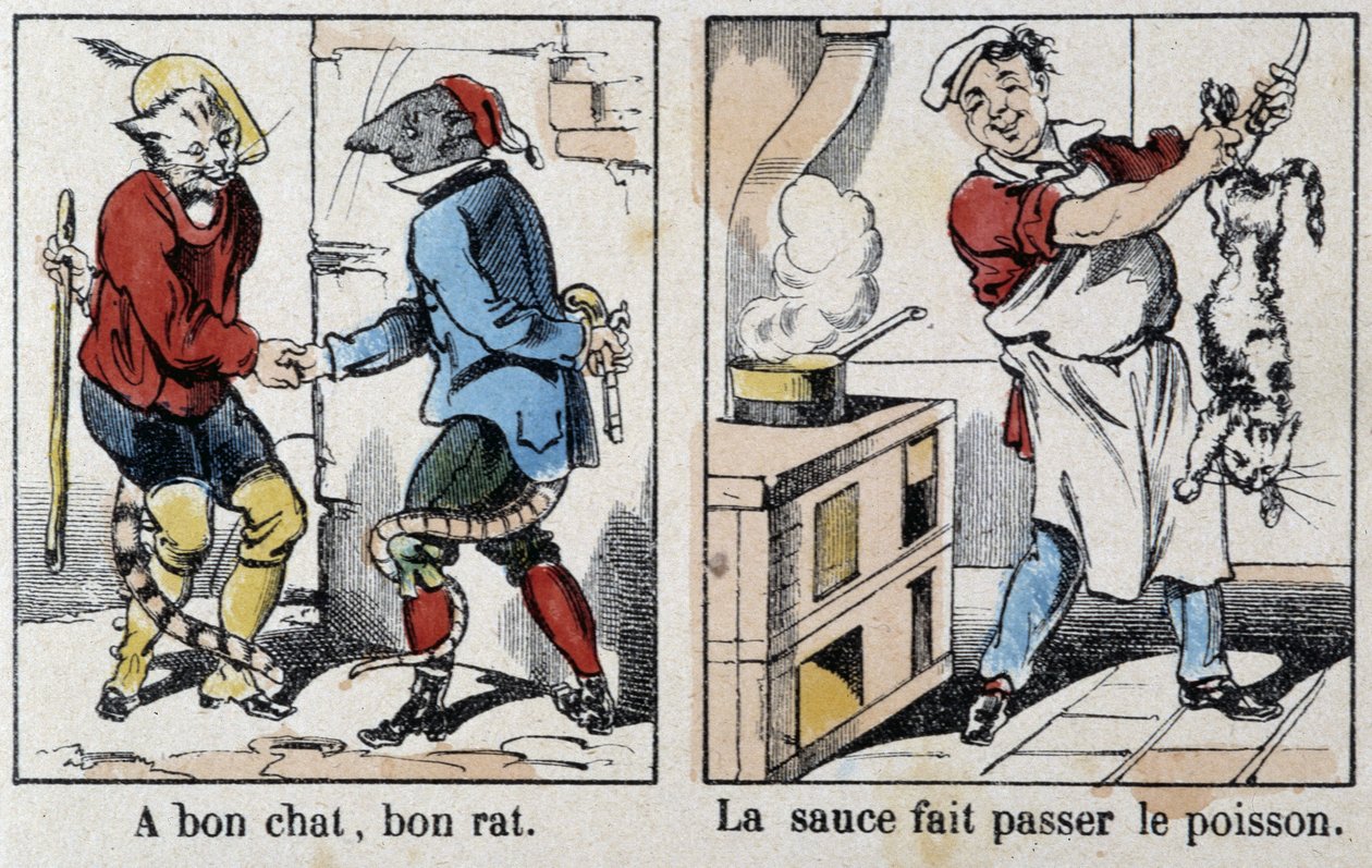 Ordsprog i billeder af Epinal: "" En god kat, god rotte"" og "" Saucen passerer fisken"" - billede af Epinal, n.d. af French School