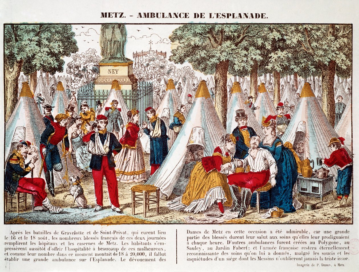 Preussisk krig: en ambulance installeret på esplanaden for at behandle de sårede i 1870 i Metz (gravering) af French School