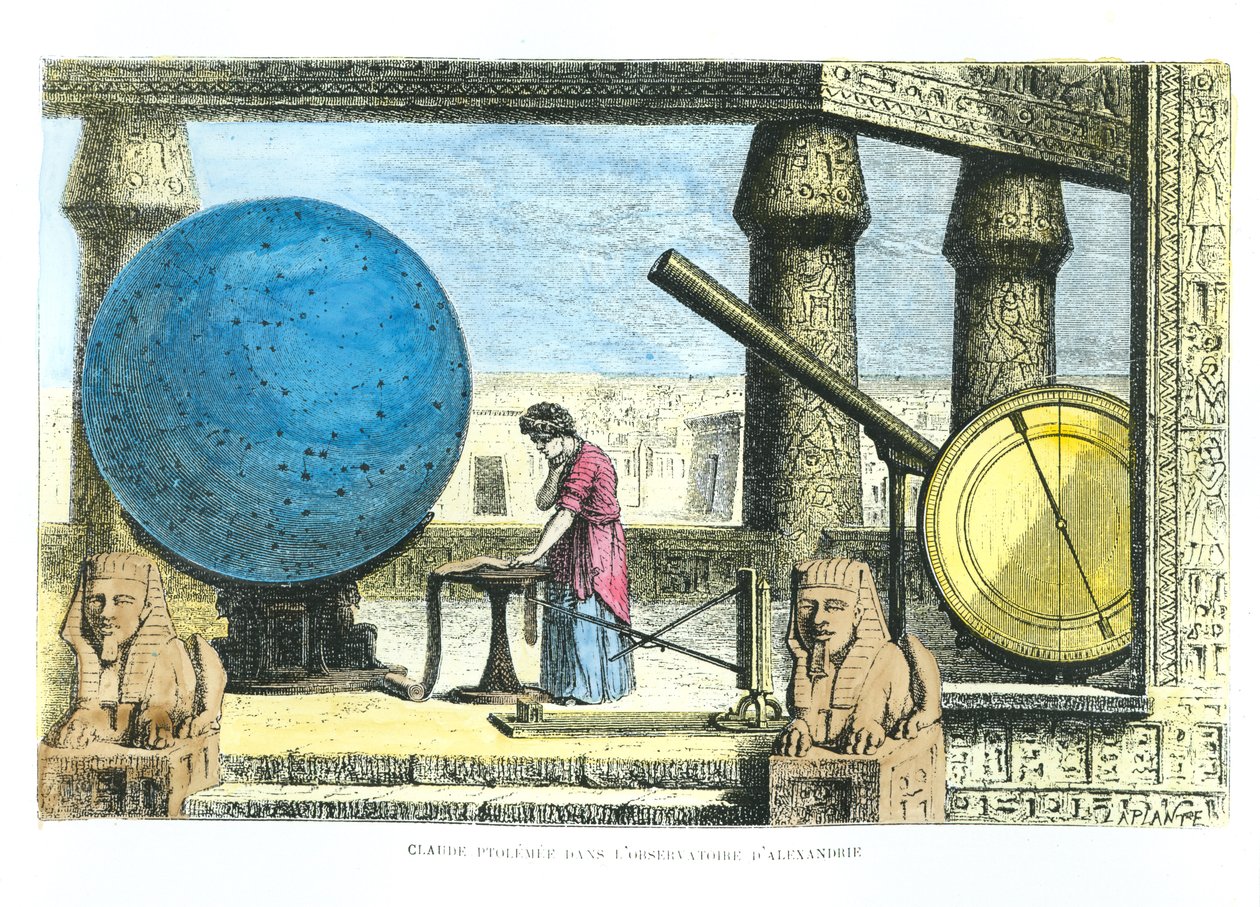 Ptolemæus (ca. 90-168) (Claudius Ptolemaeus) i observatoriet i Alexandria, fra La Vie des Savants Illustres af Louis Figuier (senere farvelægning) af French School