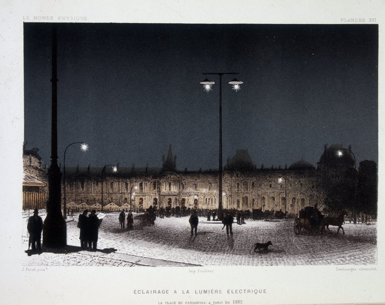 Offentlig belysning med elektrisk lys på place du carrousel i Paris 1883 - i "" Magnetism and Electricite"" af Amedee Guillemin af French School
