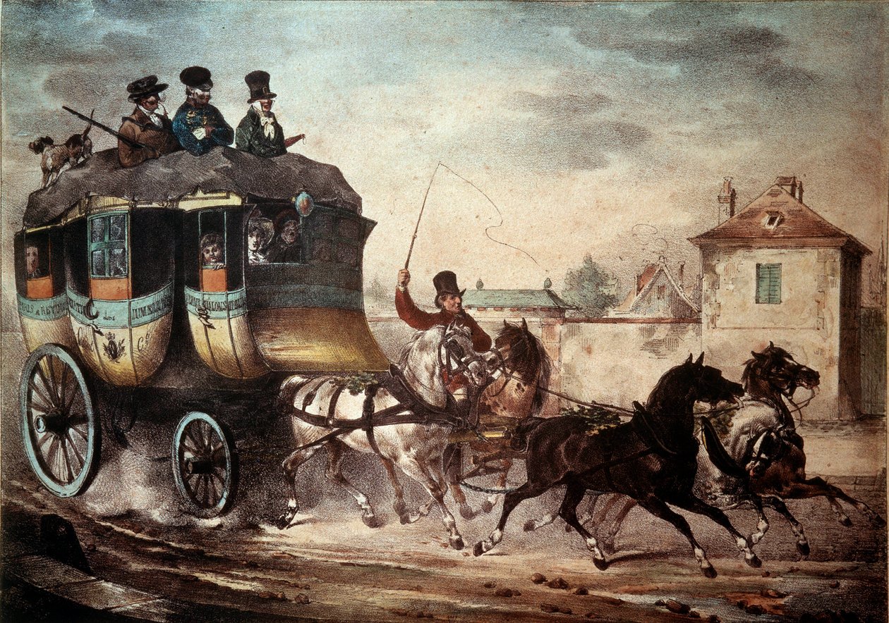 Offentlig transport: Diligence af linjen mellem Paris og Meaux. Illustration af Skurk i 1824. Compiegne, Chateau Museum af French School
