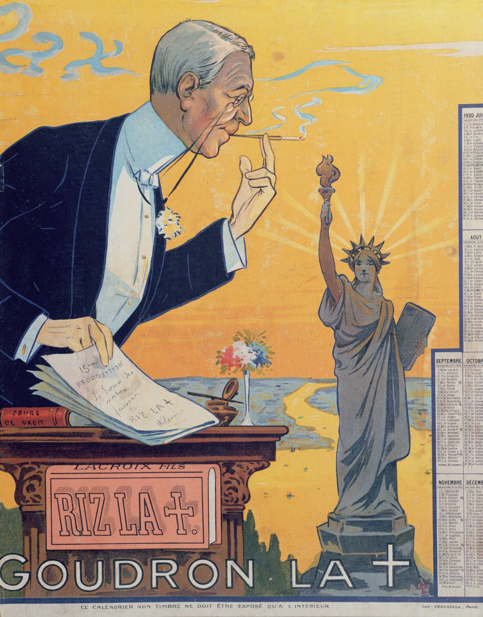 Publicitetskalender for cigaretpapirproducenten Rizla, der viser præsident Woodrow Wilson (1856-1924) og det 15. forslag til Folkeforbundet, 1920 af French School