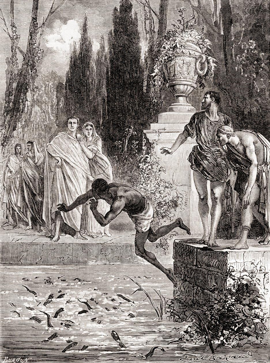Publius Vedius Pollio, Roman equestrian, feeding a slave to his lamprey eels, from Les Merveilles de la Science, published c.1870dani af French School