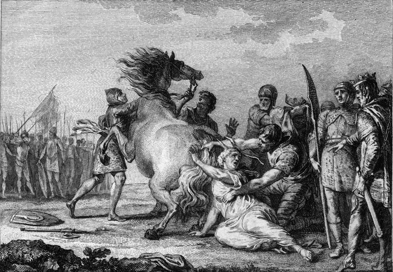 Straf af Brunehaut, 613: Brunehaut eller Brunehilde (543-613), dronning af Austrasia, er knyttet til halen på en ukuelig hest, før den bliver slæbt til jorden. Stik af det 18. århundrede. af French School
