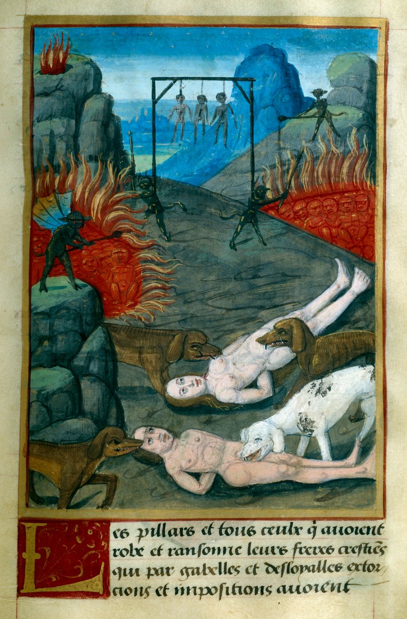 Tyve og plyndrere bliver straffet i Helvede, hvor de bliver hængt, brændt og fortæret af hunde. Miniature fra "Le Tresor de Sapience" af Jean Gerson (1363-1429) 15. århundrede Chantilly, Musee Conde af French School