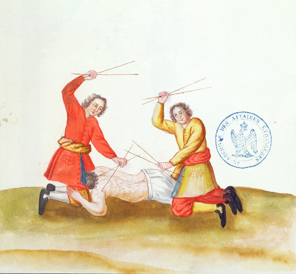 Punishment with Sticks, fra Voyage en Russie, 1731 (pen & blæk og wc på papir) af French School
