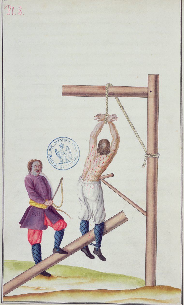 Afstraffelse med en knude, mens han er ophængt i et reb, fra Voyage en Russie, 1731 (pen & blæk og wc på papir) af French School