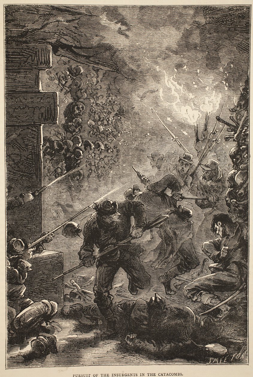 Pursuit of the Insurgents in the Catacombs, maj 1871, illustration fra Cassells historie om krigen mellem Frankrig og Tyskland, 1870-1871 af French School