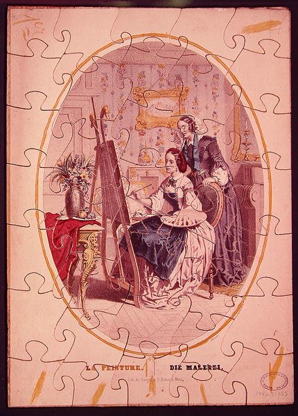Puslespilsbrikker, der forestiller en kvinde, der maler ved et staffeli, ca. 1840-50 (farve litho) af French School