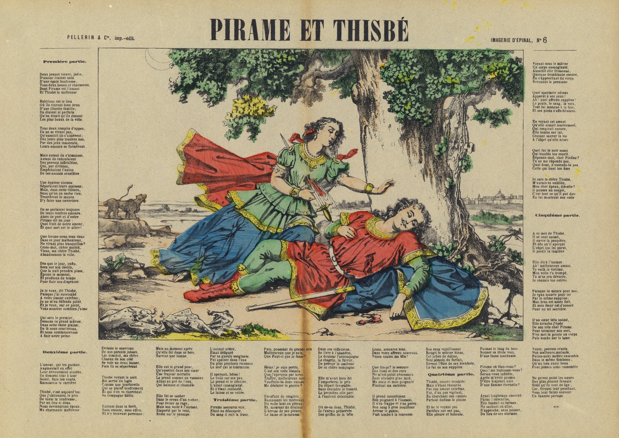 Pyramus og Thisbe (farvelitografi) af French School